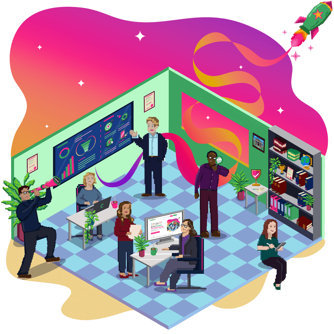 Pixel-art illustration of the Crescat Insure office: strategists at work around a results screen, with a rocket flying overhead