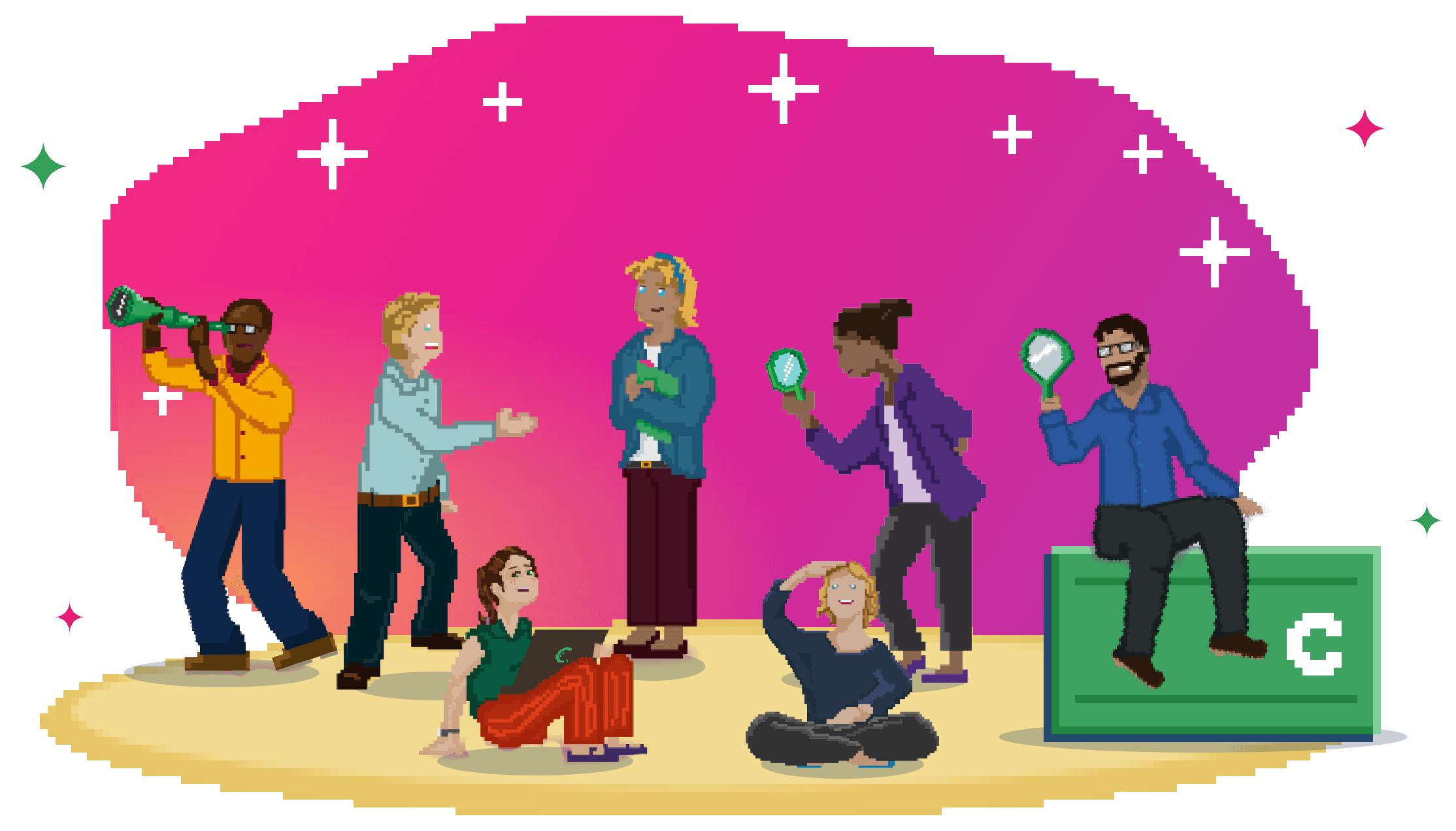 The Crescat team drawn as the brand's pixel characters, gathered on a pink backdrop: one looks through a telescope, one holds a file, two peer through magnifiers, one works on a laptop.